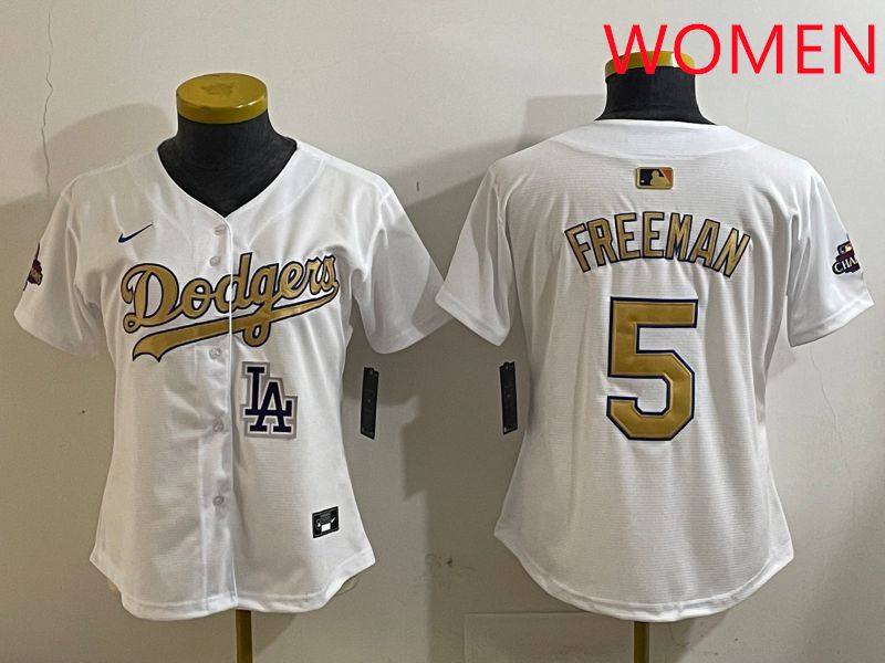 Women Los Angeles Dodgers #5 Freeman White Champion gold character 2025 Nike MLB Jersey style 4127